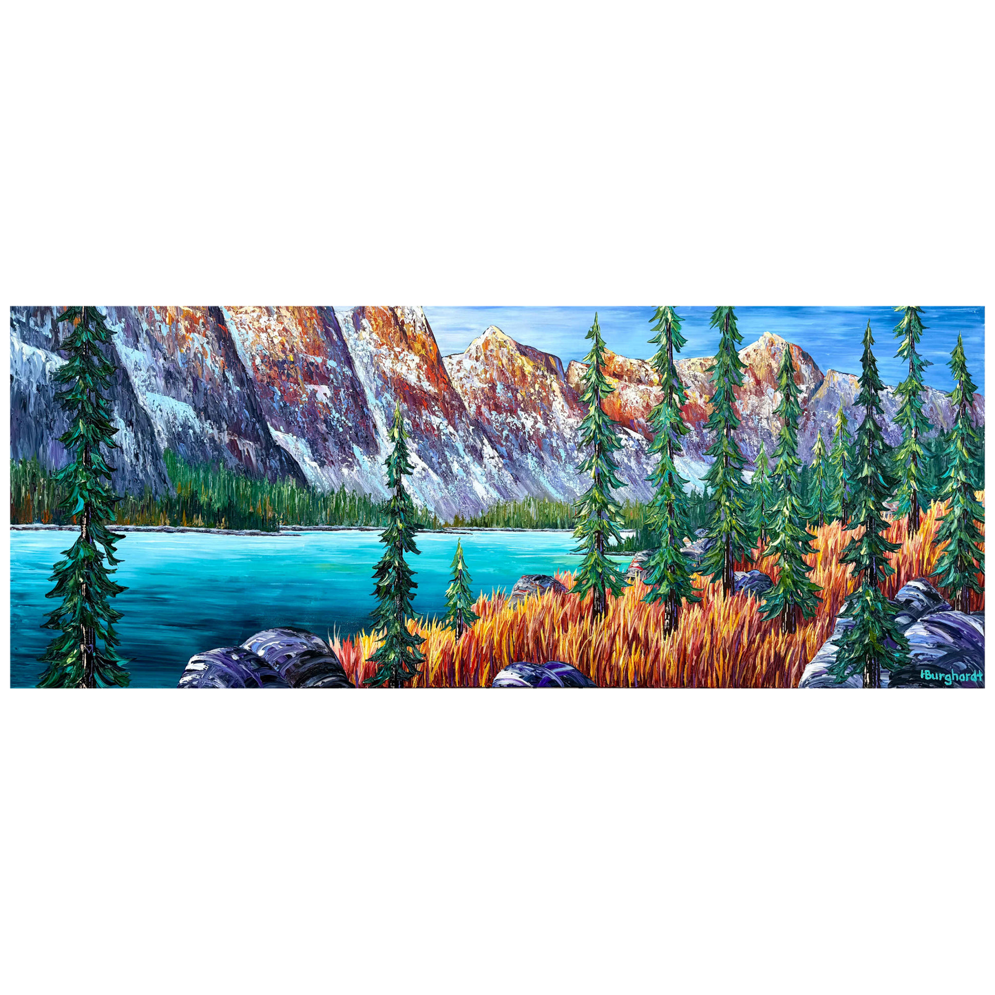 Painting of a mountain landscape with a lake and trees