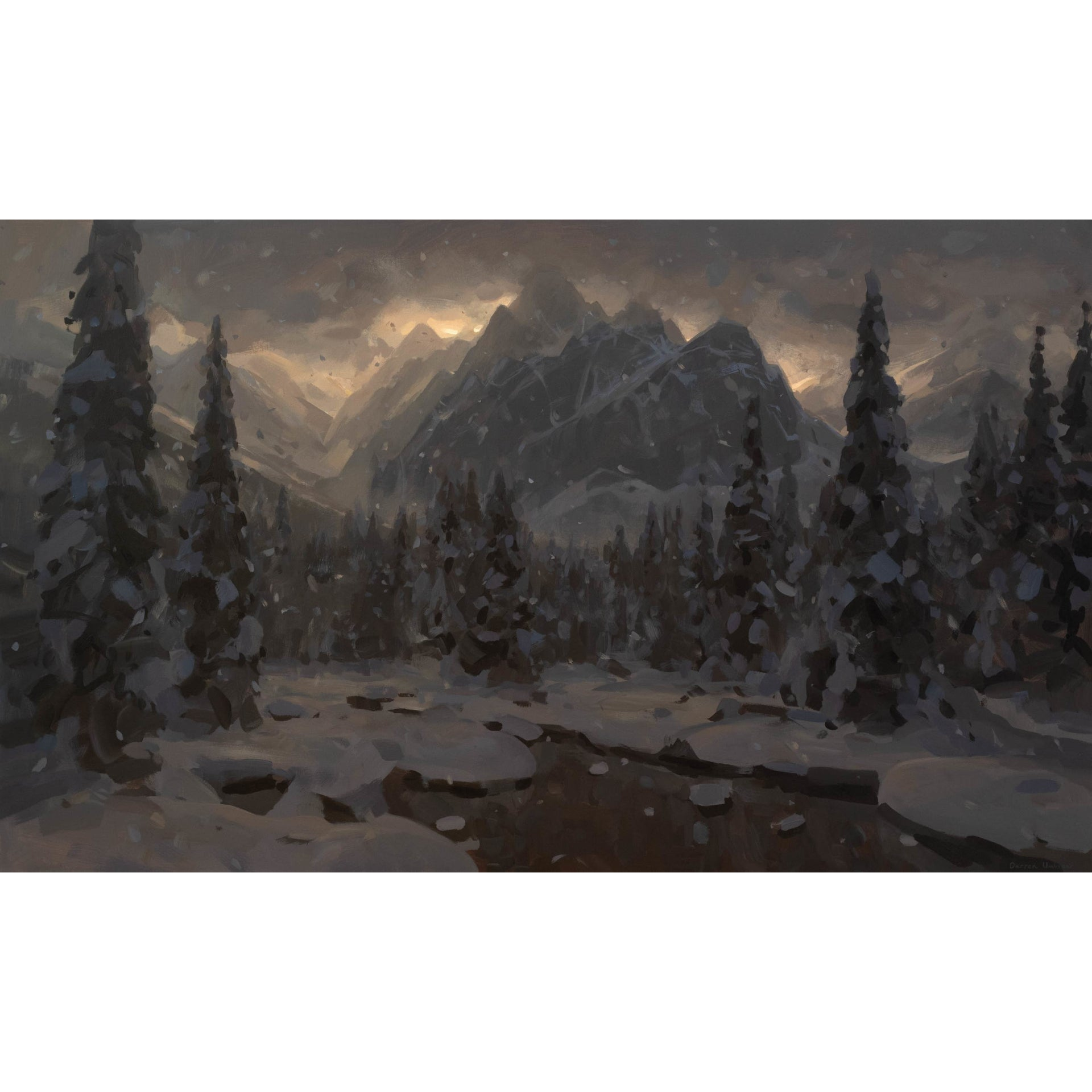 Snowy mountain landscape with evergreen trees