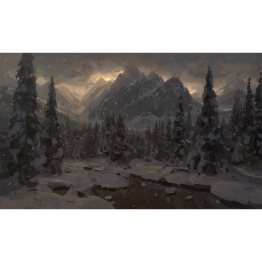 Snowy mountain landscape with evergreen trees