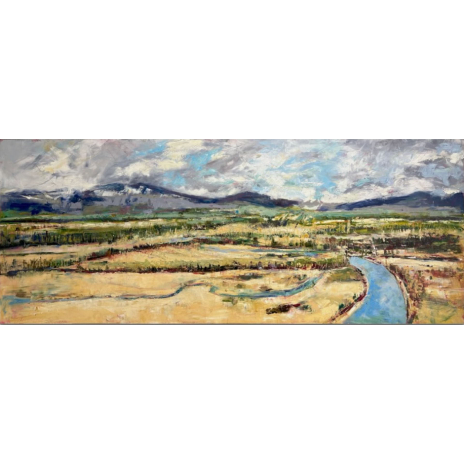 Painting of a landscape with a river and mountains