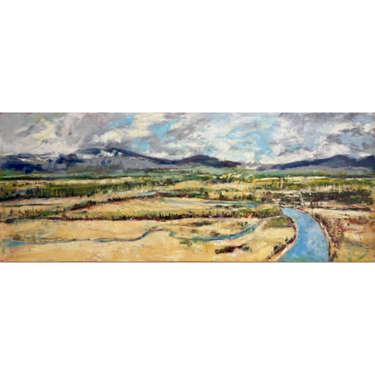 Painting of a landscape with a river and mountains