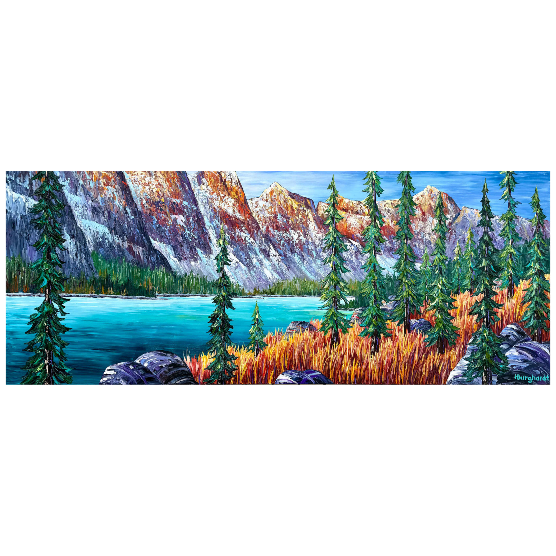 Painting of a mountain landscape with a lake and trees