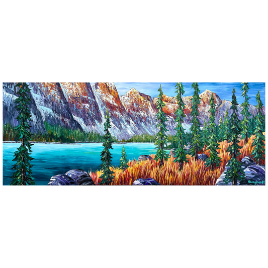 Painting of a mountain landscape with a lake and trees