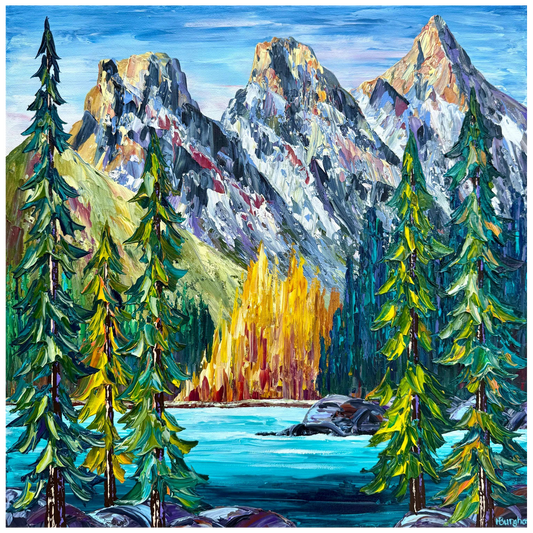 Painting of a mountain landscape with trees and a lake.